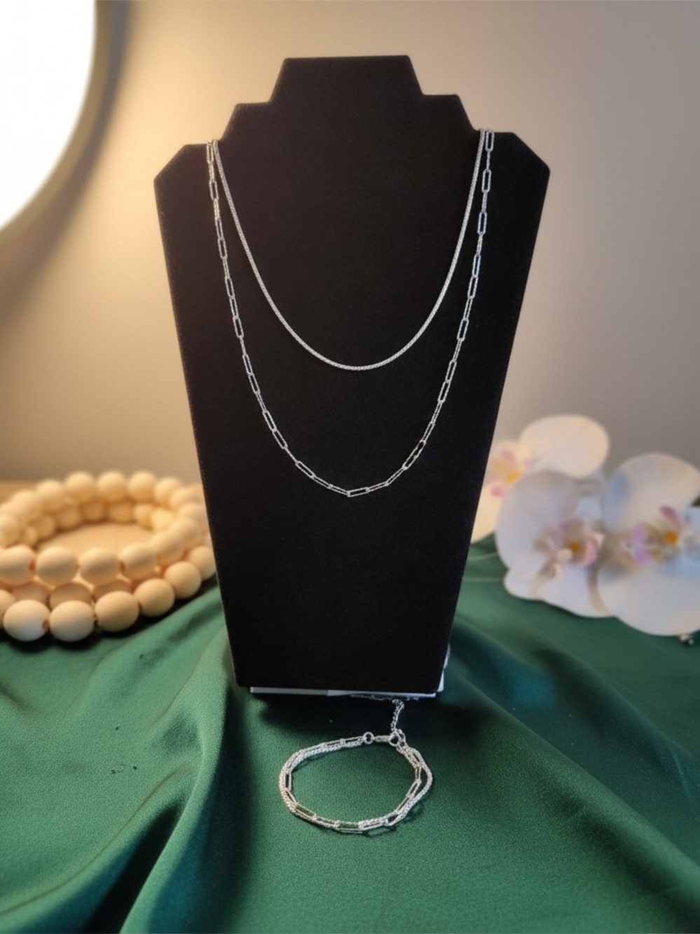 Sterling Silver Layered Chain Necklace and Bracelet Set